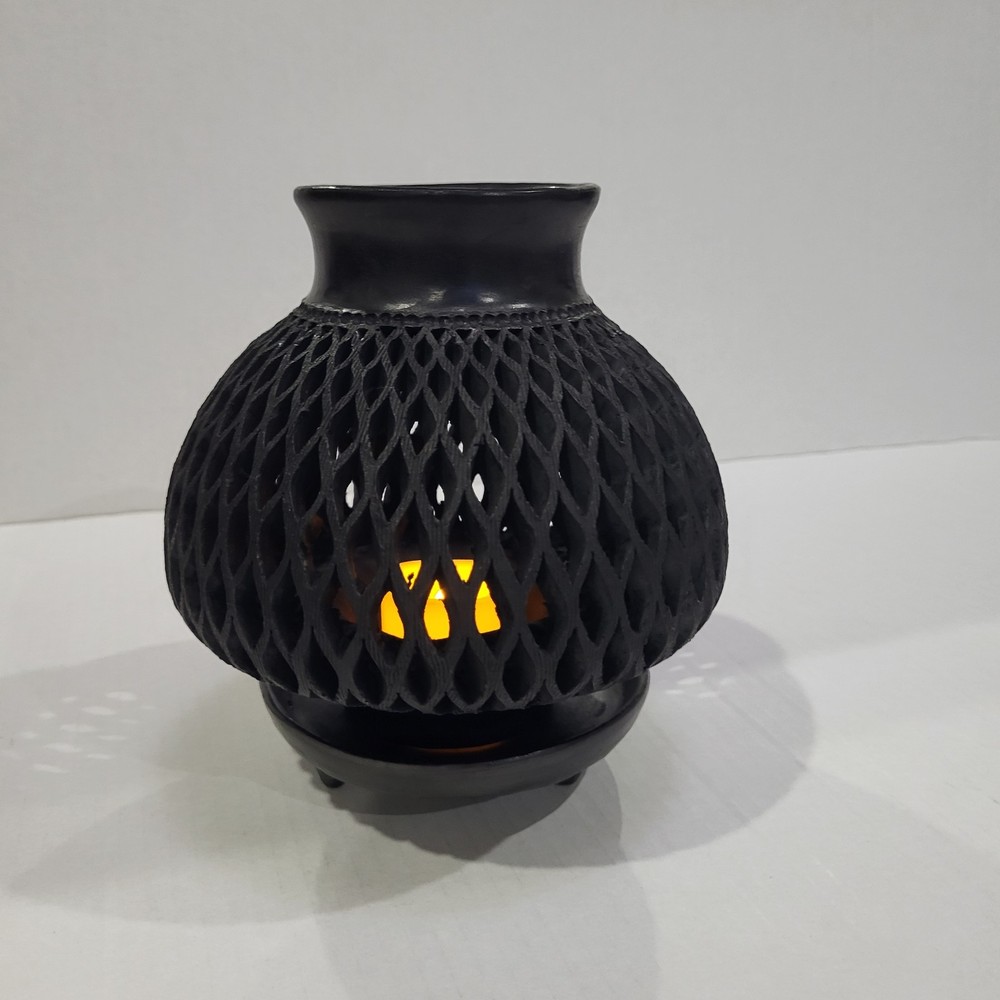 Oaxaca Art Pottery Barro Negro Mexico Hand Carved Black Clay Round Candale Lamp