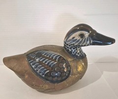 Vintage Brass And Ceramic Hand Painted Duck Sculpture
