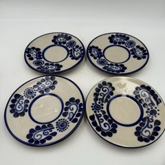 Set Of 4 Talavera Mexican Studio Folk Art Pottery Mugs Saucer Cobalt Blue Floral