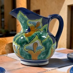 Contemporary Vtg Mexican Talavera Ceramic Pitcher Hand-Painted Dark Blue Floral