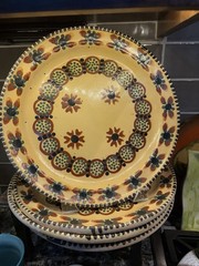 Vtg Early Set Of 4 11 5/8” Mexican Terracotta Handpainted Yellow/red/green Plate