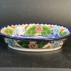 Bright Vtg Mexican Talavera Salsa Serving Bowl Hand Painted Floral 9″ Folk Art