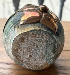 Vintage Mexican Folk Art Pottery Terracotta Flower Vase Copper Brass Floral ~6”