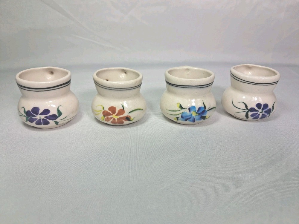 Hand Painted Mexican Art Miniature Clay Pitchers Mugs Set Of 4 Mexico Vintage