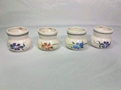 Hand Painted Mexican Art Miniature Clay Pitchers Mugs Set Of 4 Mexico Vintage