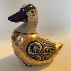 Vtg Tonala Mexico Pottery Duck Figurine Armored Brass Scales Hand Painted 5.5″ H