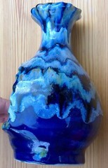 Mexican ceramic chiminea candle holder signed Reyna blue drip glaze tabletop 7½”