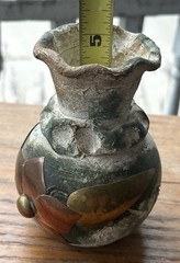 Vintage Mexican Folk Art Pottery Terracotta Flower Vase Copper Brass Floral ~6”