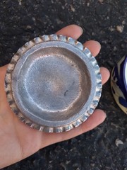 Round Blue Floral Trinket Box Round Blue Silver Shell Mexico Vintage