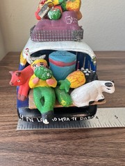 Vintage Mexican Folk Art Clay Sculpture Of Overloaded Car Marked “Pro Vallarta”