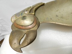 Vintage Mexican Hand-Wrought Brass Parrot Tray Dish Abalone Shell Inlay L82S
