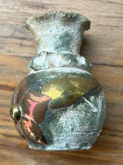 Vintage Mexican Folk Art Pottery Terracotta Flower Vase Copper Brass Floral ~6”