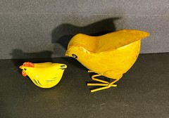 Vintage Handmade Painted Hen Pottery & Tin Chick Sculpture Yellow Chicken Lot