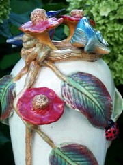 Tall Vase White Hummingbirds Flowers & Ladybug Handmade Tonala Mexico Folk Art