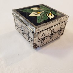 Blue White Calla Lilies Mexican Talavera Trinket Box Mirror 2.5”