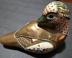 Vintage Tonala Pottery/Brass Hand Painted Mexican Folk Art Duck Figurine.