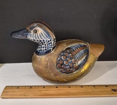 Vintage Brass And Ceramic Hand Painted Duck Sculpture