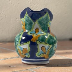 Contemporary Vtg Mexican Talavera Ceramic Pitcher Hand-Painted Dark Blue Floral