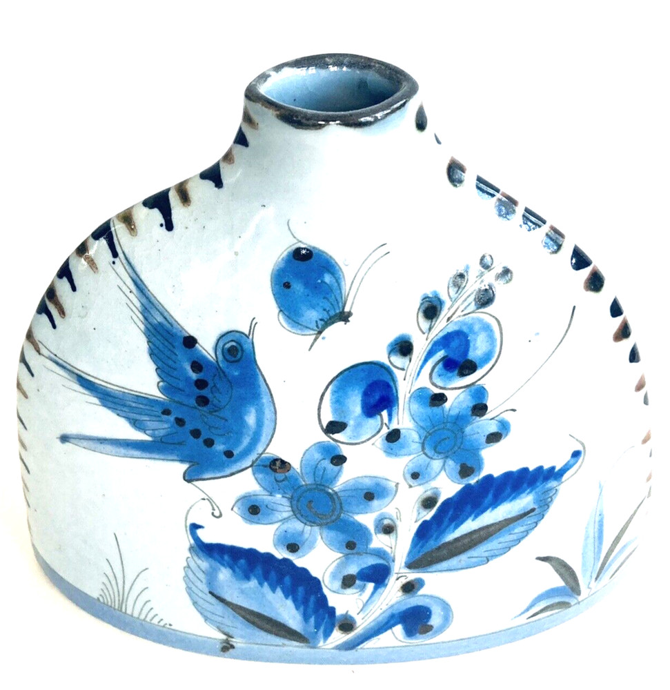 Ceramic Vase 8″ Bird Butterfly Flowers MCM Blue Mid-Century Mexican Garden Art