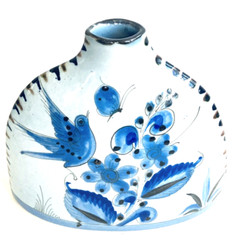 Ceramic Vase 8″ Bird Butterfly Flowers MCM Blue Mid-Century Mexican Garden Art