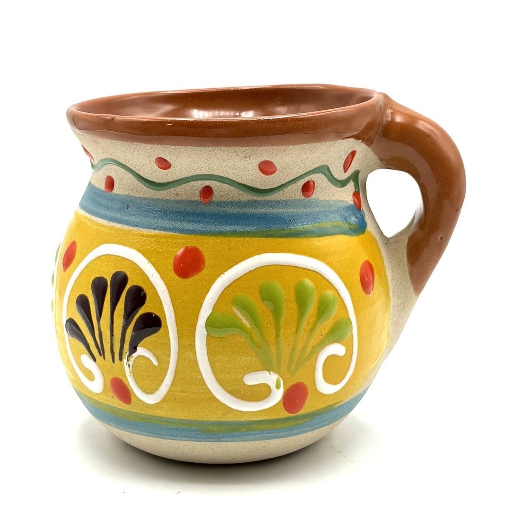 Mexican Red Clay Terracotta Glazed Floral Coffee Mug