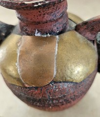 Vintage Mexican Terracotta Pottery Vase, Brass Copper Overlay Loop Handles, 5.5″