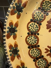 Vtg Early Set Of 4 11 5/8” Mexican Terracotta Handpainted Yellow/red/green Plate