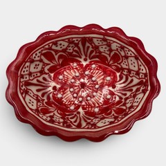 Vintage AIBA Mexico Red Hand Painted Pottery Bowl Scalloped Floral 5.25”
