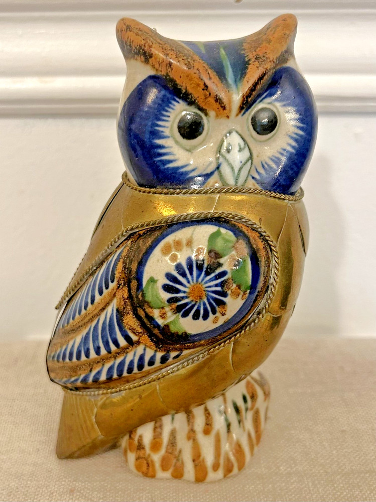 VINTAGE TONALA MEXICAN FOLK ART CERAMIC AND BRASS OWL