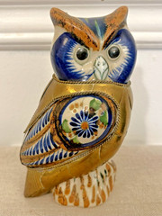 VINTAGE TONALA MEXICAN FOLK ART CERAMIC AND BRASS OWL