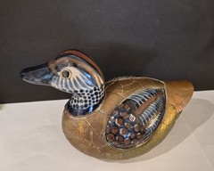 Vintage Brass And Ceramic Hand Painted Duck Sculpture