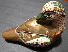 Vintage Tonala Pottery/Brass Hand Painted Mexican Folk Art Duck Figurine.