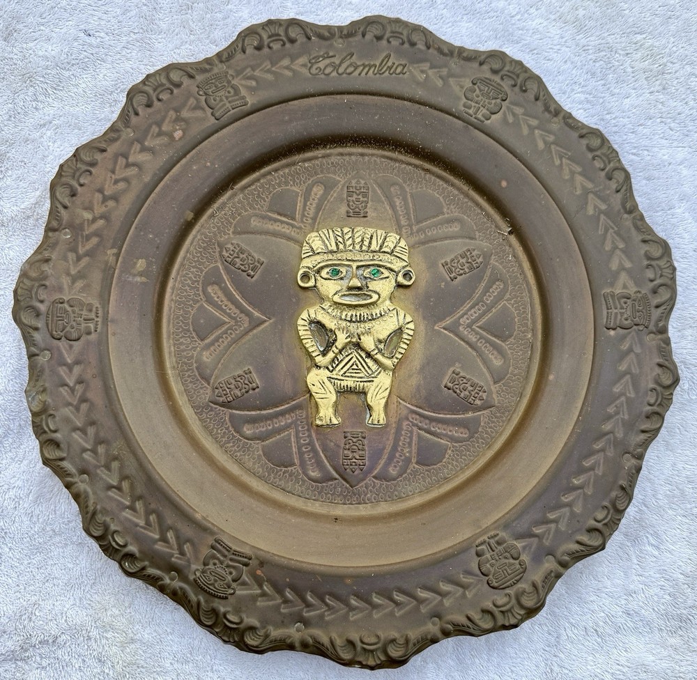 VTG Brass Aztec Mayan Incan Charger Tray Wall Display Plate 3D Figure Columbia