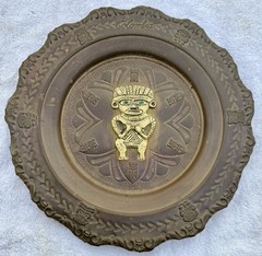 VTG Brass Aztec Mayan Incan Charger Tray Wall Display Plate 3D Figure Columbia