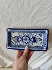 Handmade Mexican Talavera Rectangular Dish Blue & White Raised Relief Pottery