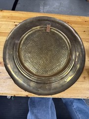 Vintage Brass Aztec Mayan Charger Tray Wall Brass Plate With 3D Figure 16″ Dia