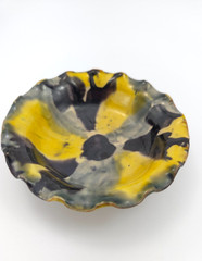 Two Vintage Oaxaca Mexico Majolica Drip Ware Trinket Dishes Yellow/Grey/Black