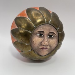 Sergio Bustamante Anthropomorphic Sun Face Ceramic & Brass Sphere Sculpture