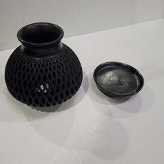 Oaxaca Art Pottery Barro Negro Mexico Hand Carved Black Clay Round Candale Lamp