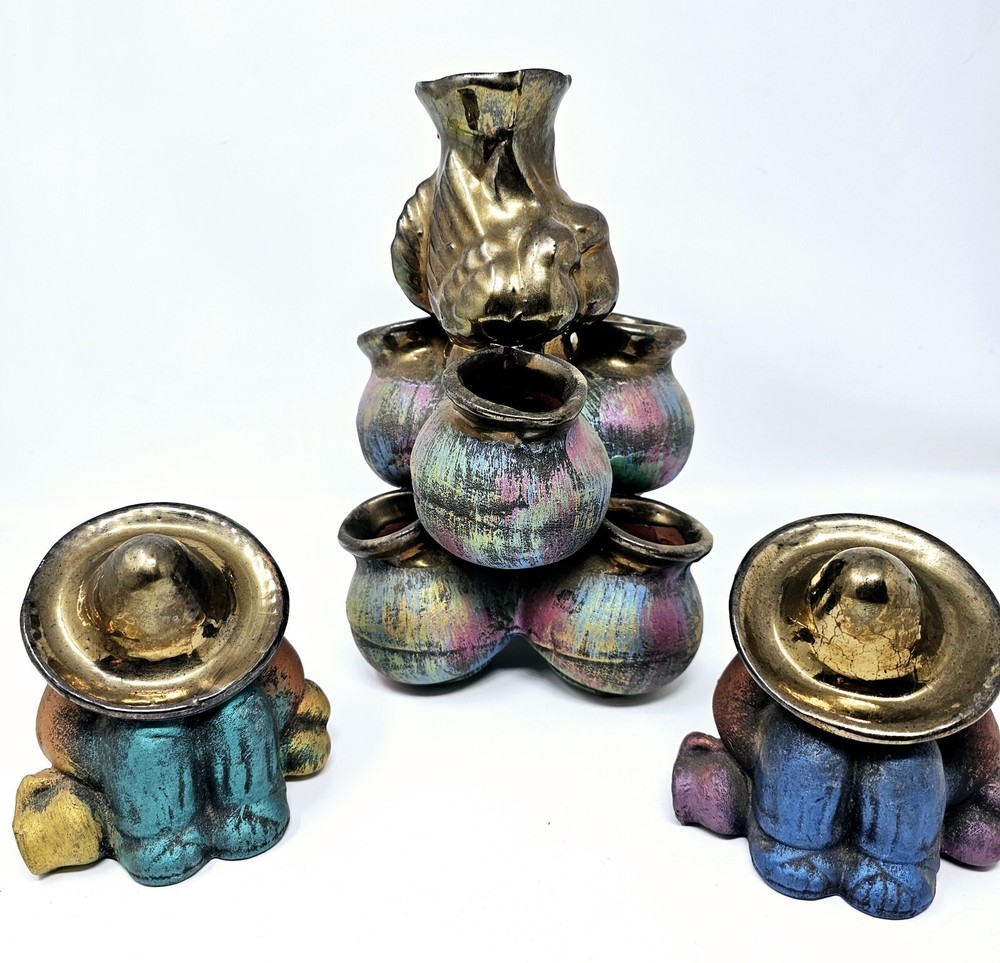 Classic Mexican Siesta Sleeping Man Figurines Folk Art Clay Planter Set Vintage