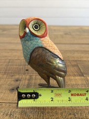 Vintage Mexican Folk Art Ceramic And Brass Hand Pained Owl Héctor Gonzalez 8/100