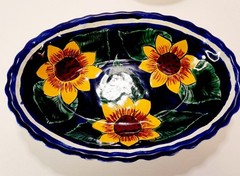 Set of 2 Mexican Pottery Signed Yellow Sunflower Bowls Cobalt Blue Oval & Round
