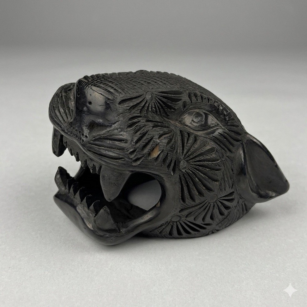 Oaxacan Barro Negro Carved Black Clay Jaguar Panther Head Mexican Folk Art Flaw