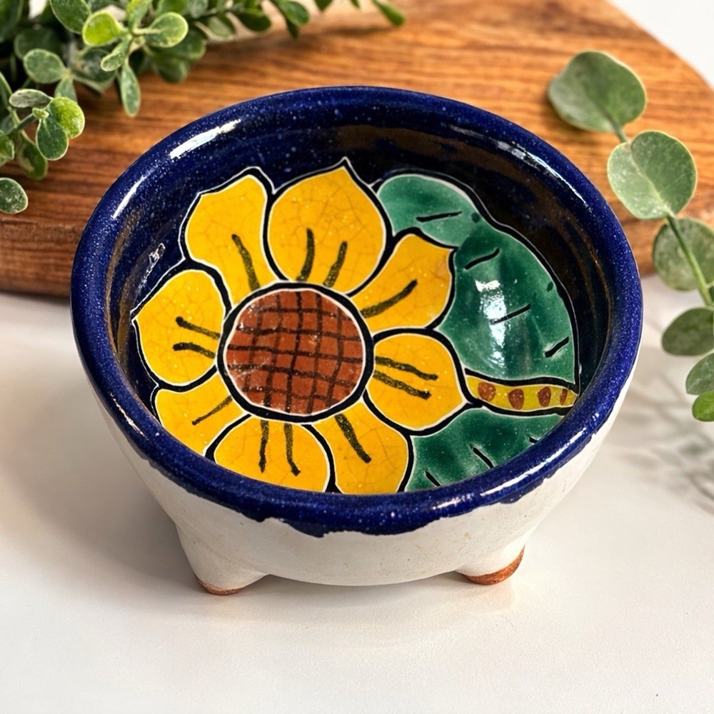 Hand Painted Mexican Pottery Dish Sunflower Design Rustic Tabletop Decor Soap