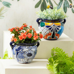Set of 2 7-Inch Talavera Planters – Colorful Mexican Ceramic Flower Pots