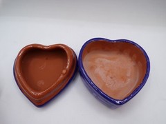 Terracotta Heart Shaped Mexican Folk Art Pottery Blue Trinket Box Hand Painted