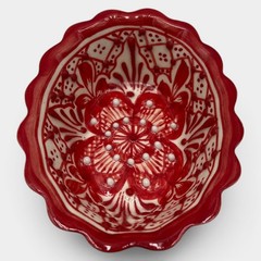 Vintage AIBA Mexico Red Hand Painted Pottery Bowl Scalloped Floral 5.25”