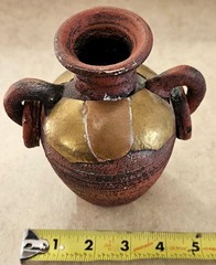 Vintage Mexican Terracotta Pottery Vase, Brass Copper Overlay Loop Handles, 5.5″