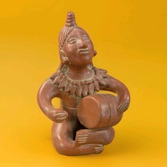 Vintage Mexico Pottery Folk Art Figurine Woman Playing The Drums handmade music