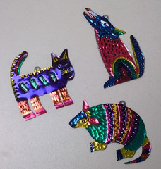 CAT Coyote armadillo Hand-Punched Tin Ornament 3.5” Mexican Folk Art Mexico